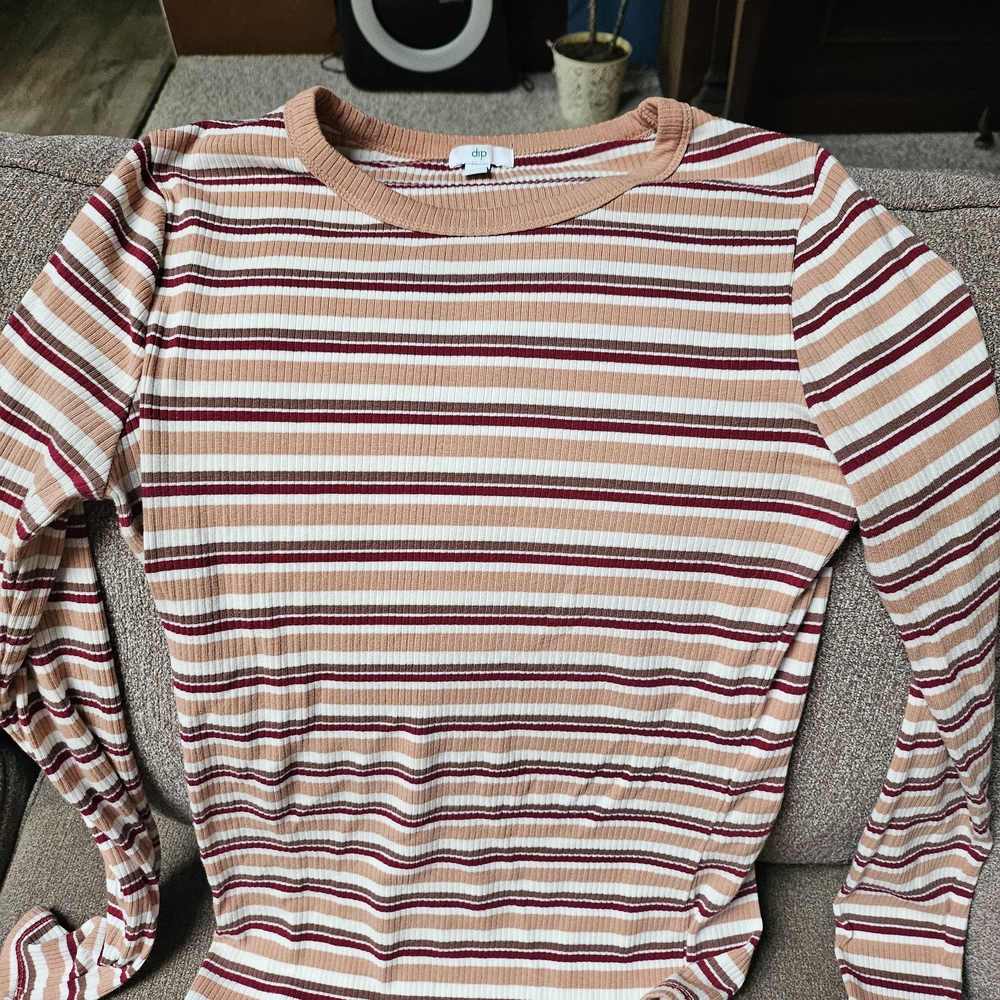 dip Striped Long Sleeve Top - Pink and White